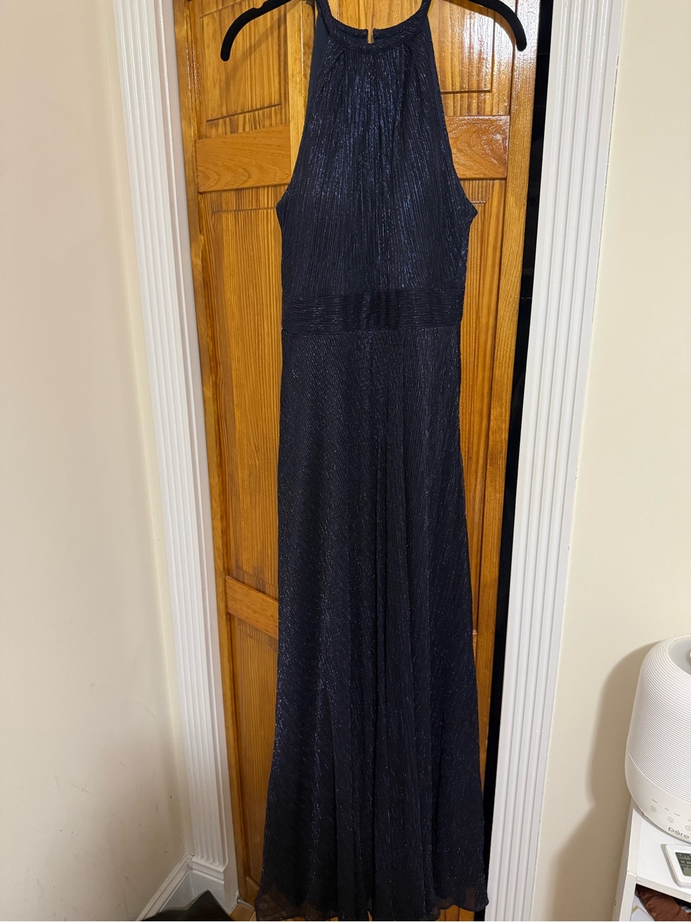 Aqua Navy Shimmer Halter Prom Dress
